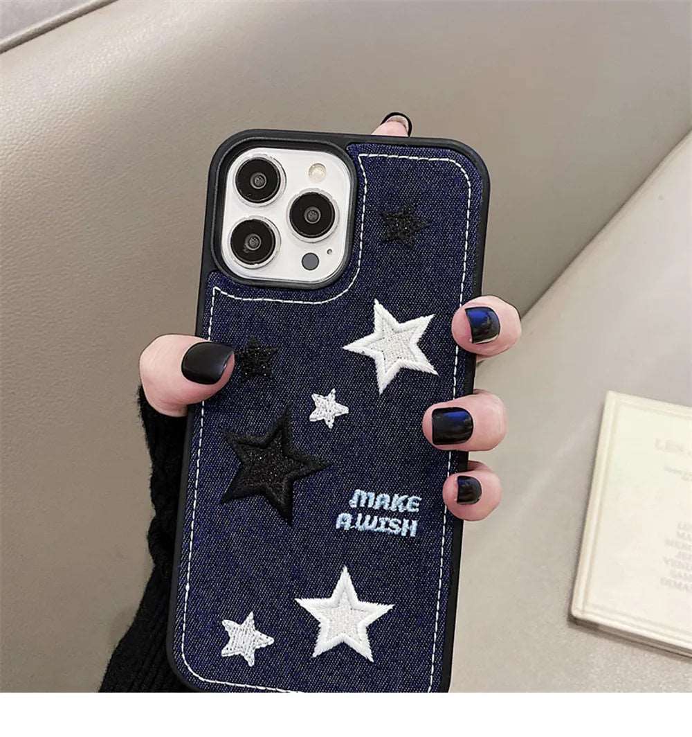 Cozy Denim Embroidery Flower iPhone Winter Case