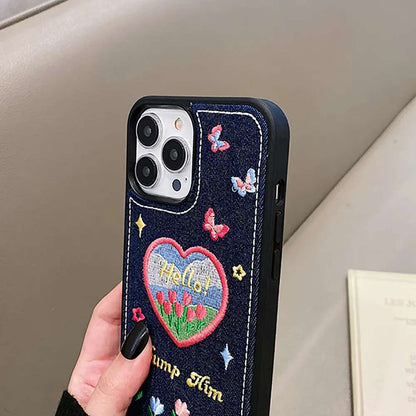 Cozy Denim Embroidery Flower iPhone Winter Case