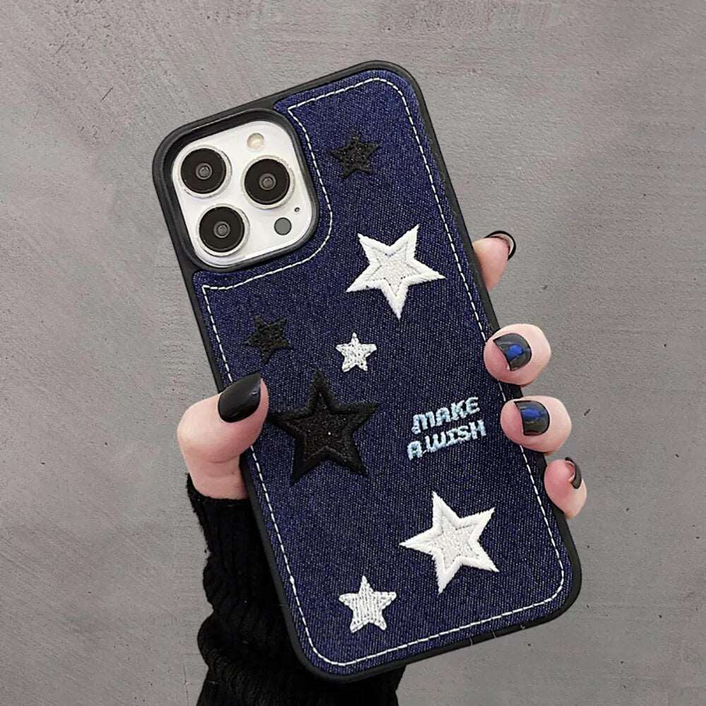 Cozy Denim Embroidery Flower iPhone Winter Case