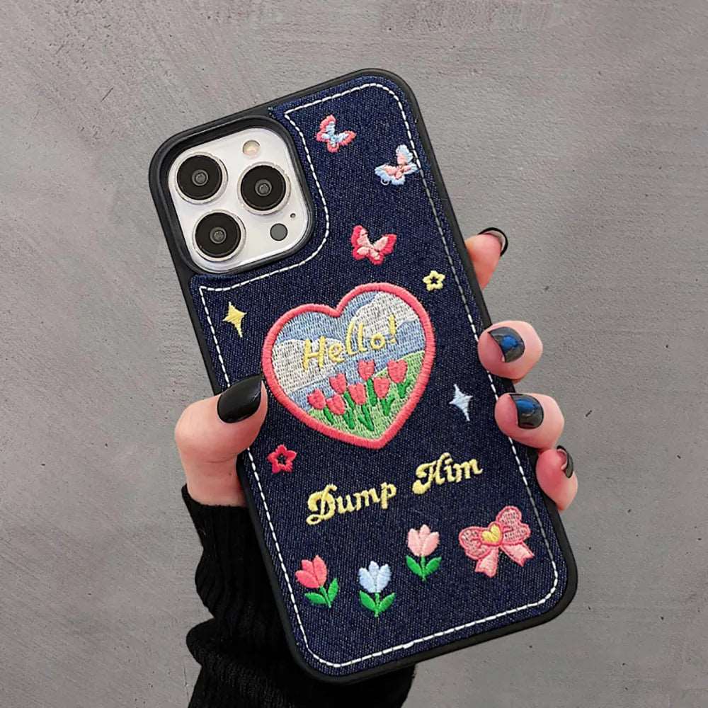 Cozy Denim Embroidery Flower iPhone Winter Case